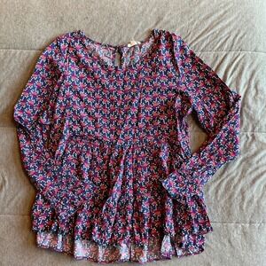 Women's L Long Sleeve Peasant‎ Top Floral Print Ruffle Hem